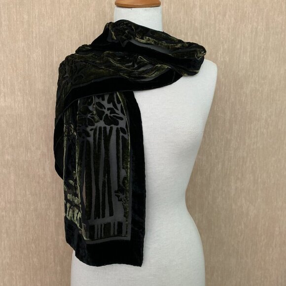 Velvet Devore Scarf - Olive Green Burnout Bamboo Floral - Unbranded - Picture 3 of 7